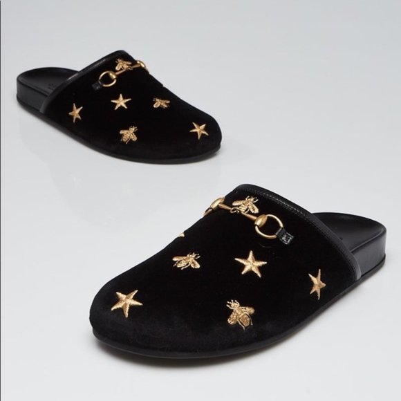 GUCCI - Black Velvet Gold Bee Embroidered Mule Slide - Size 10 - Picture 2 of 4